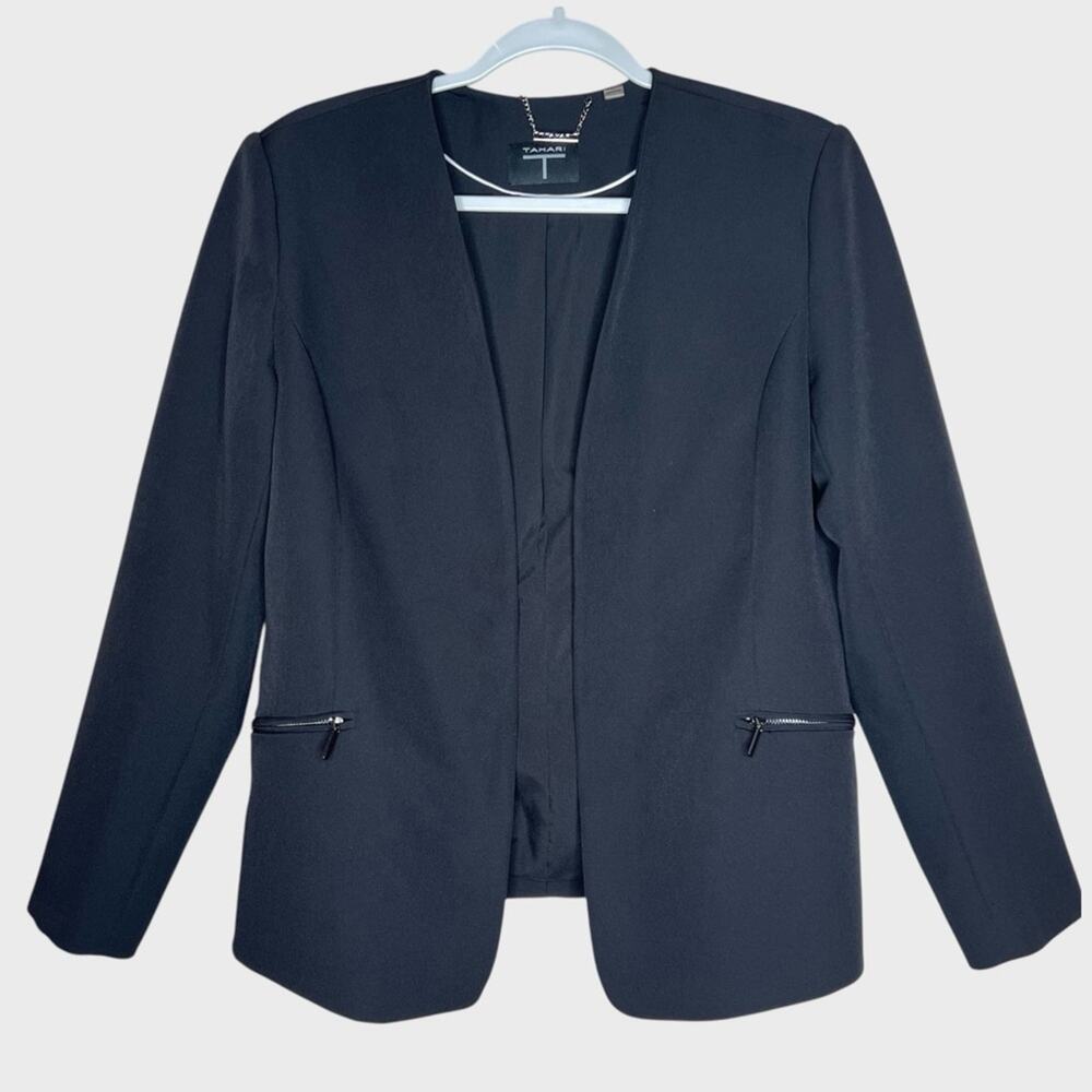 T. Tahari Womens Open Front Black Blazer Size 10 Zip Pockets Career Professional
